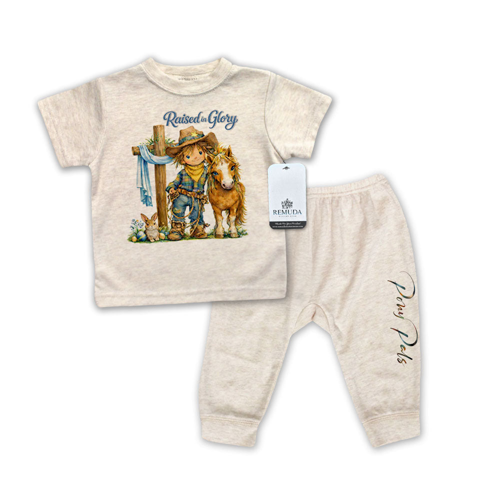 Pony Pals Raised On Glory Easter Infant Western Boys 2-Piece Sleepwear Pajamas in the color heather oatmeal