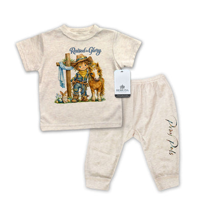 Pony Pals Raised On Glory Easter Infant Western Boys 2-Piece Sleepwear Pajamas in the color heather oatmeal