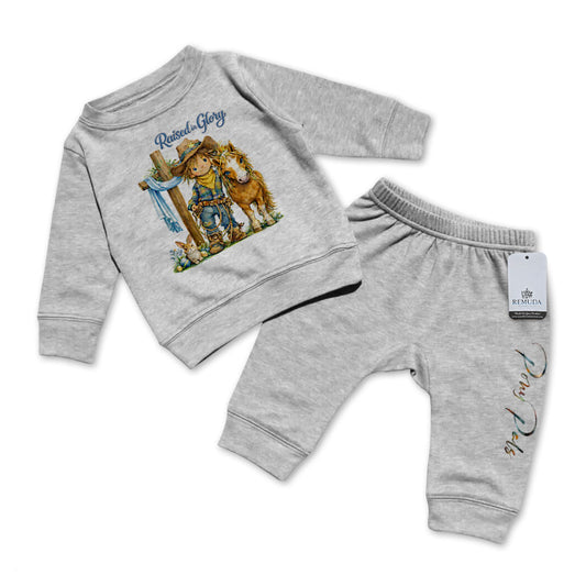 Pony Pals Raised On Glory Easter Infant Boys Western 2 Piece Sweatsuit in the color heather gray
