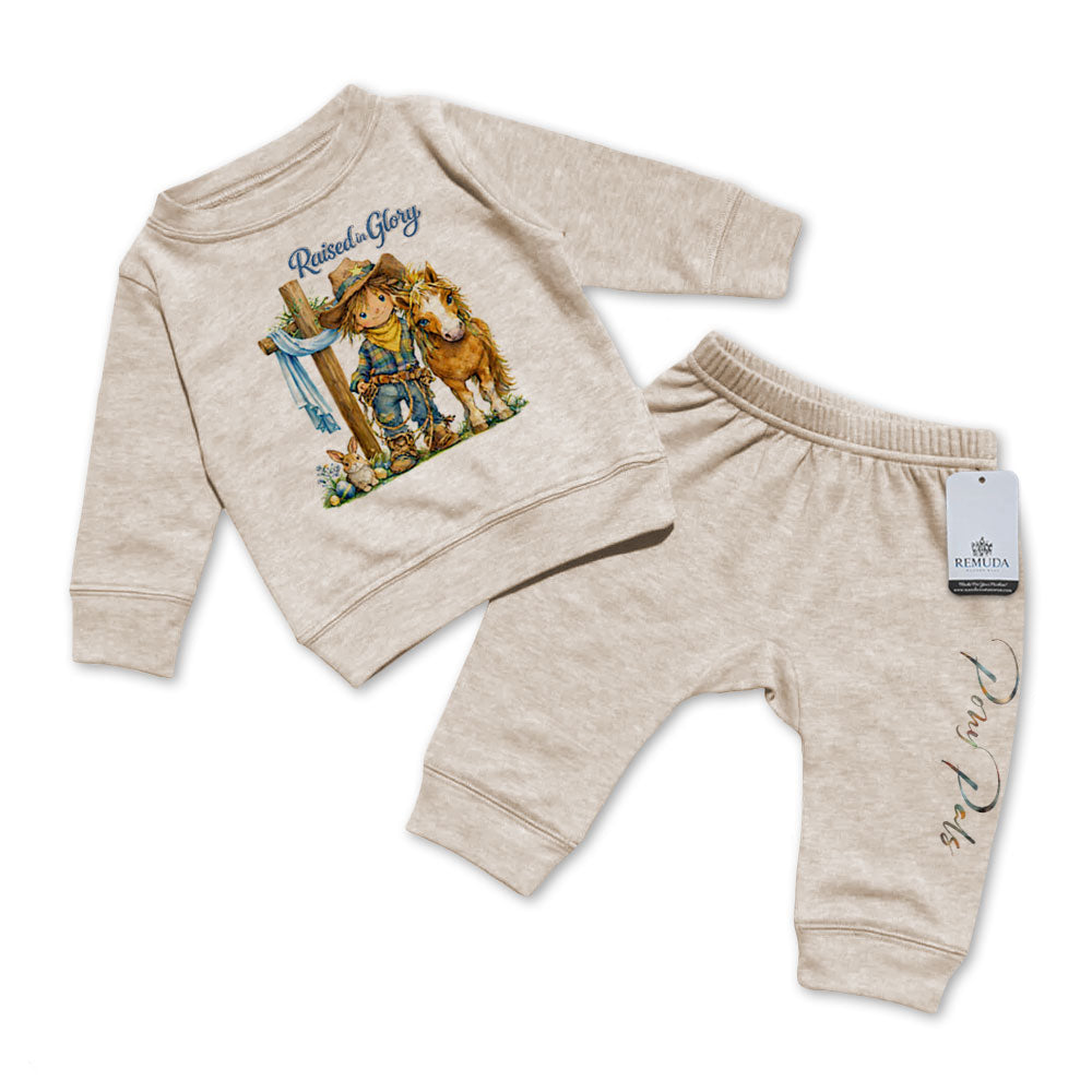 Pony Pals Raised On Glory Easter Infant Boys Western 2 Piece Sweatsuit in the color heather oatmeal