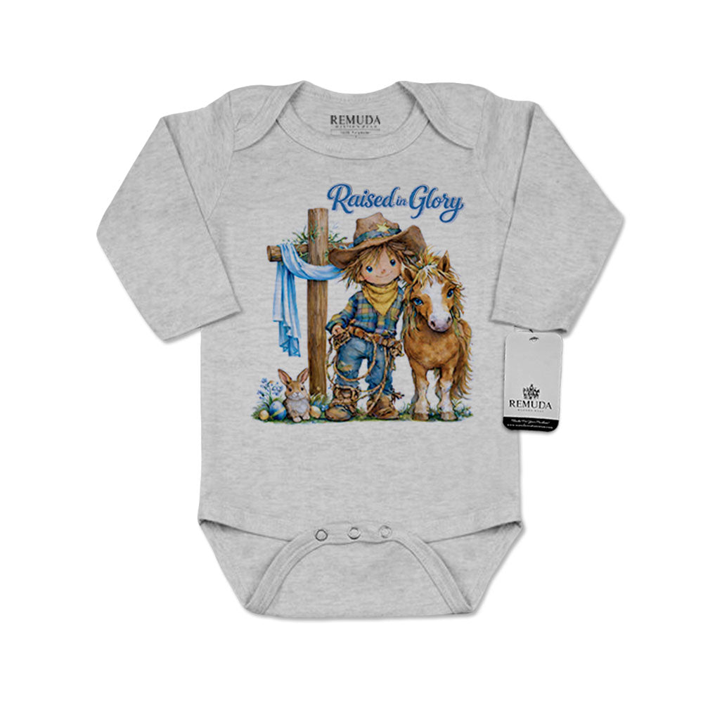 Pony Pals Easter Raised On Glory - Cowboy Infant Boys long sleeve One Piece Western Romper in the color heather gray