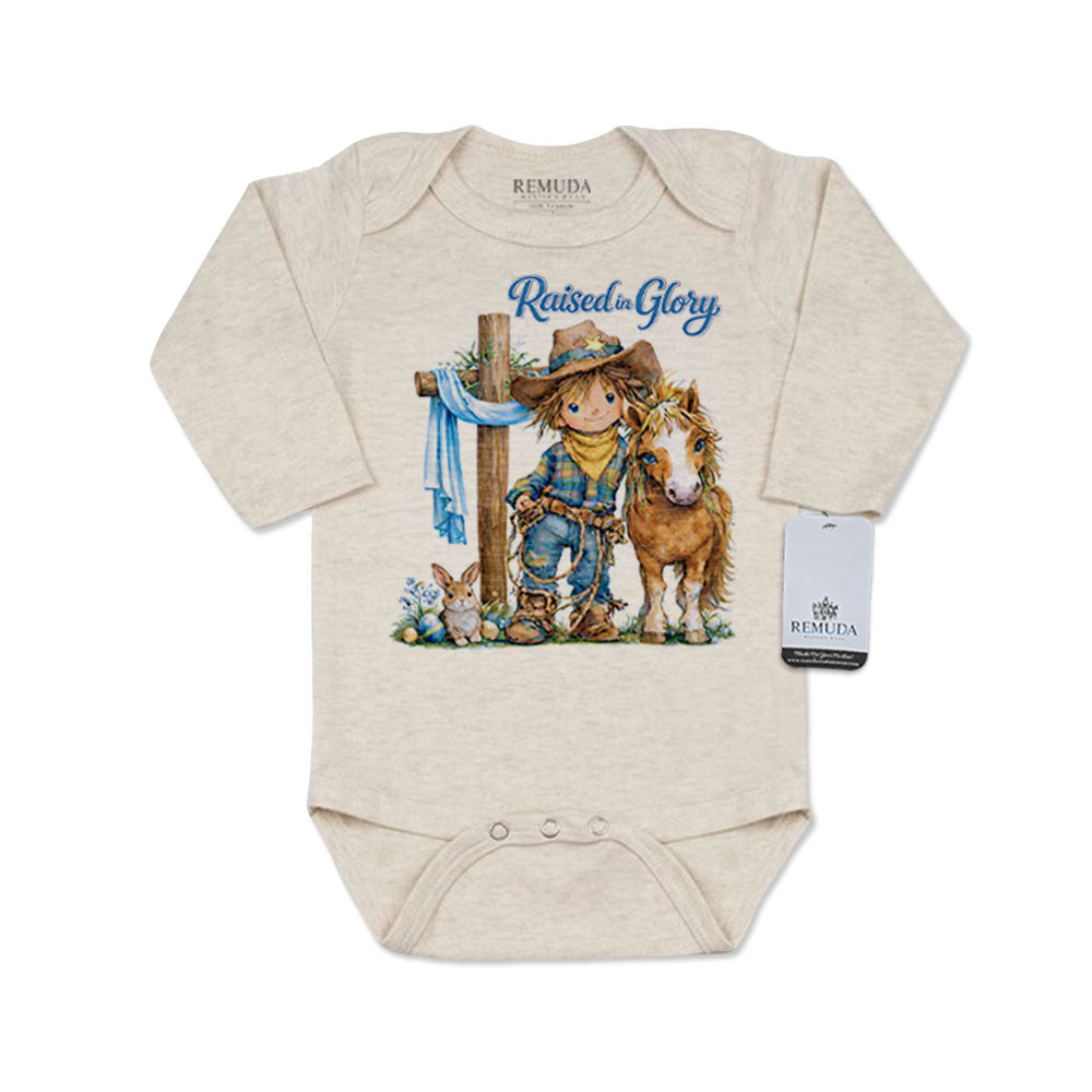 Pony Pals Easter Raised On Glory - Cowboy Infant Boys long sleeve One Piece Western Romper in the color heather oatmeal