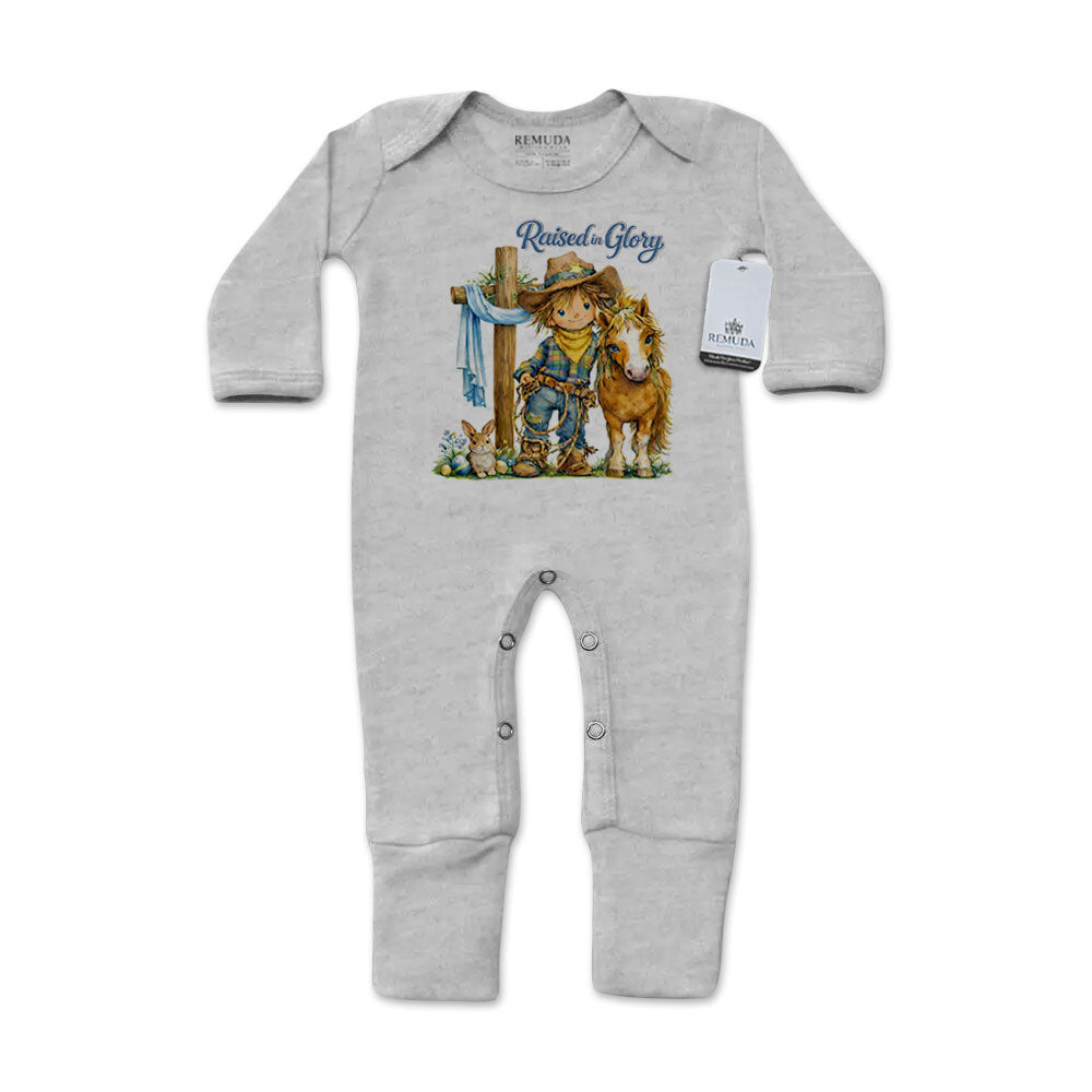 Pony Pals Raised On Glory Easter Infant Western Boys One-Piece Footed Pajamas with Mittens in the color heather gray