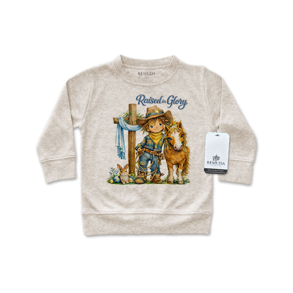 Pony Pals Raised On Glory Easter Western Infant Boys Long Sleeve Pullover Shirt in the color heather oatmeal
