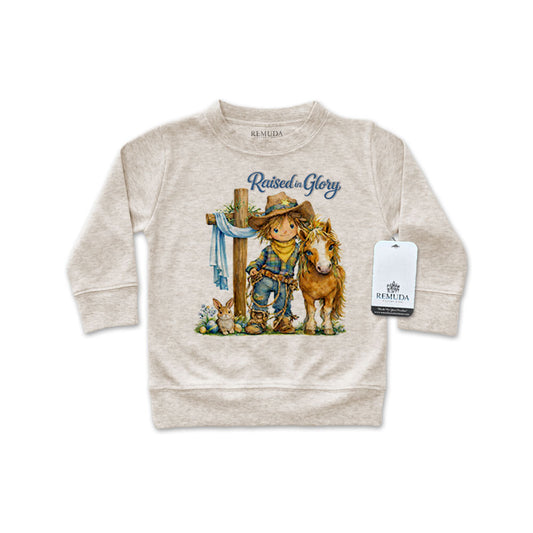 Pony Pals Raised On Glory Easter Western Infant Boys Long Sleeve Pullover Shirt in the color heather oatmeal