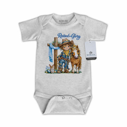 Pony Pals Easter Raised On Glory - Cowboy Infant Boys short sleeve One Piece Western Romper in the color heather gray