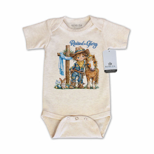 Pony Pals Easter Raised On Glory - Cowboy Infant Boys short sleeve One Piece Western Romper in the color heather oatmeal