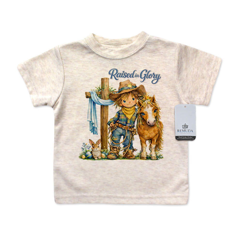 Pony Pals Raised On Glory Easter Infant Kids Boys Western Tee T-Shirt in the color heather oatmeal