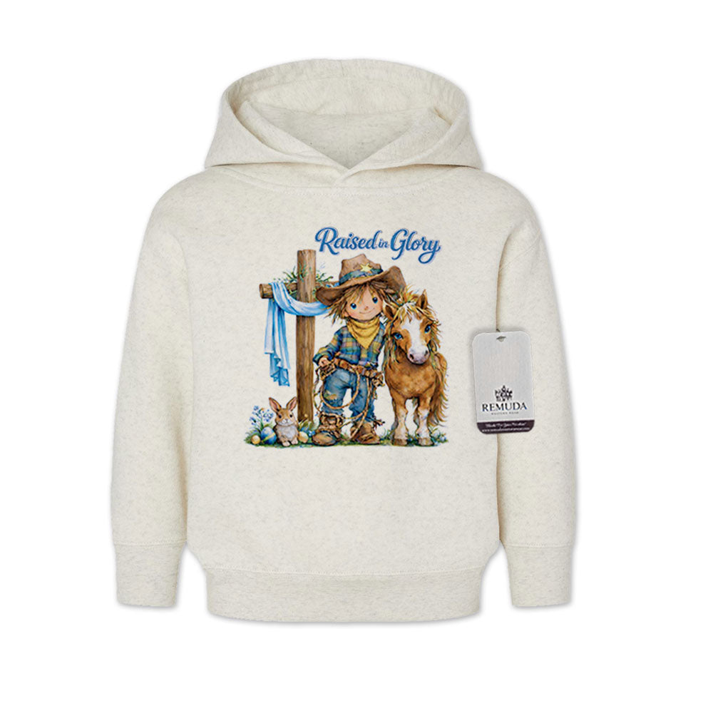 A Pony Pals Raised On Glory Easter Boys Toddler Western Hoodie in the color heather oatmeal