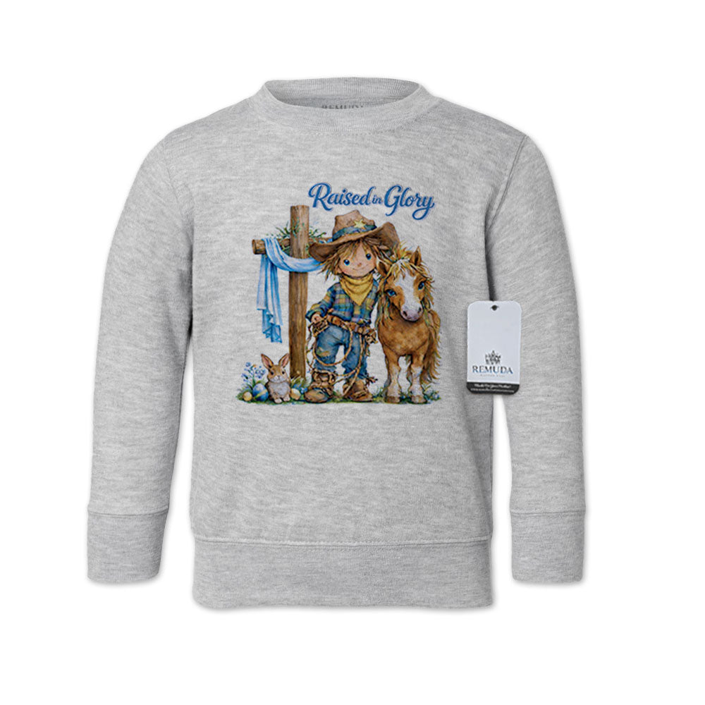 Pony Pals Raised On Glory Boys Easter Western Toddler Sweatshirt in the color heather gray