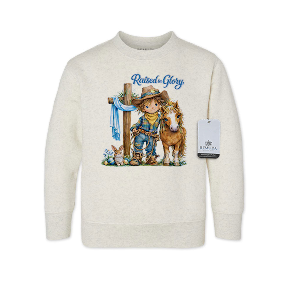 Pony Pals Raised On Glory Boys Easter Western Toddler Sweatshirt in the color heather oatmeal