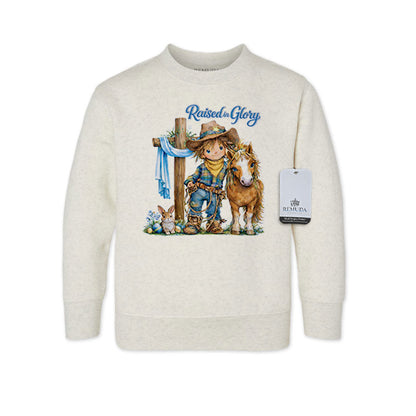 Pony Pals Raised On Glory Boys Easter Western Toddler Sweatshirt in the color heather oatmeal