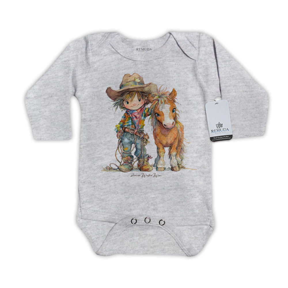 Pony Pals Cowboy Infant One Piece Long Sleeve Western Romper Gray