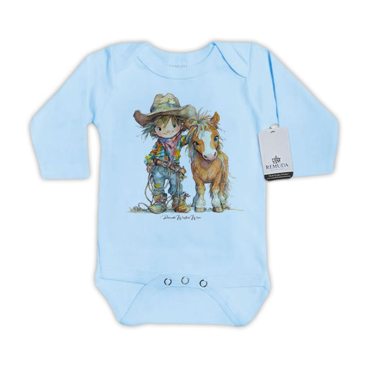 Pony Pals Cowboy Infant One Piece Long Sleeve Western Romper Light Blue