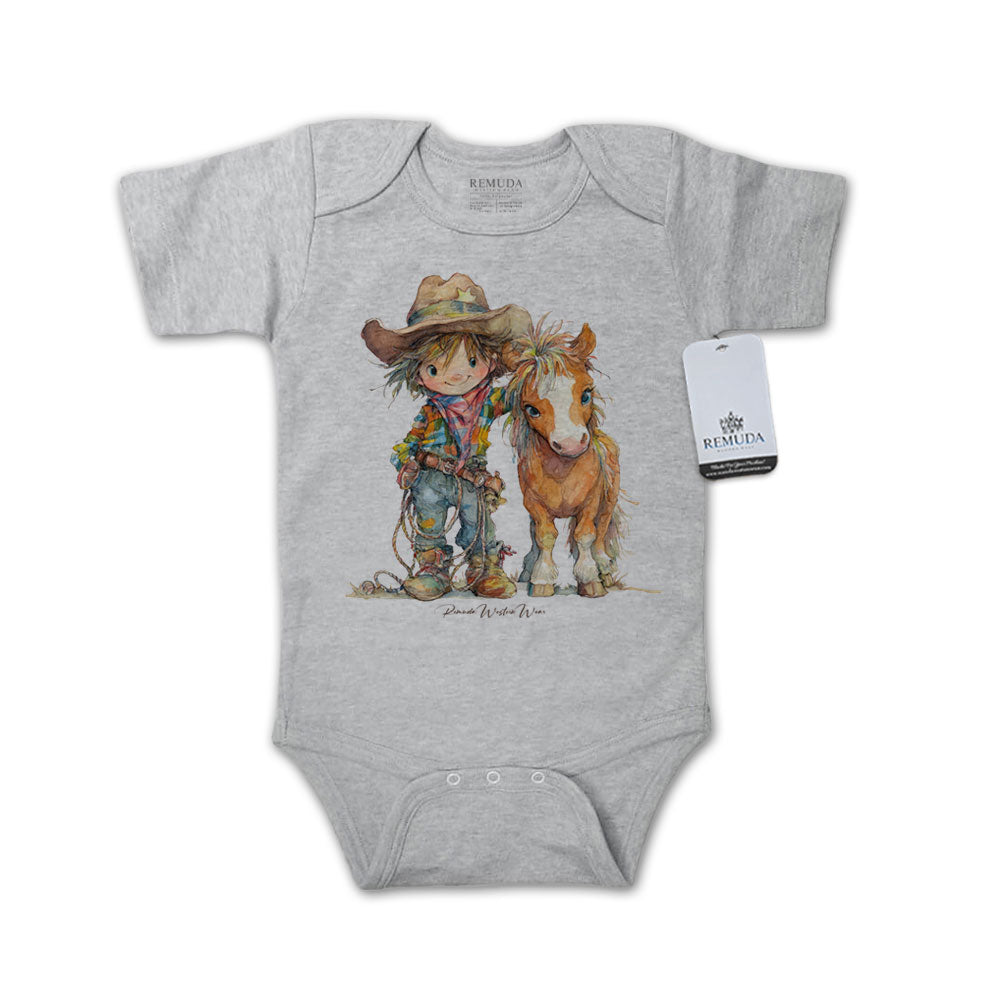Pony Pals Cowboy Infant One Piece Short Sleeve Western Romper Gray