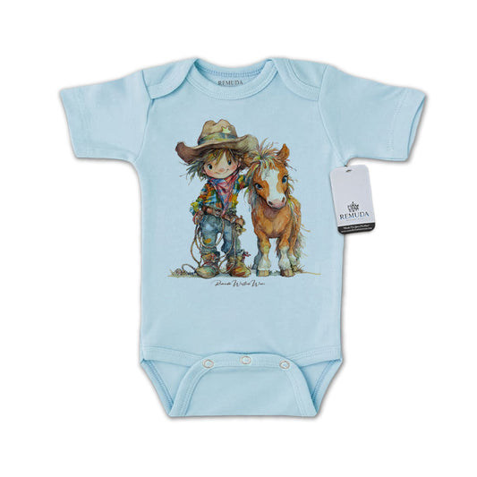 Pony Pals Cowboy Infant One Piece Short Sleeve Western Romper Light Blue
