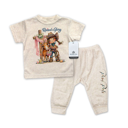 Pony Pals Raised On Glory Easter Infant Western Girls 2-Piece Sleepwear Pajamas in the color heather oatmeal