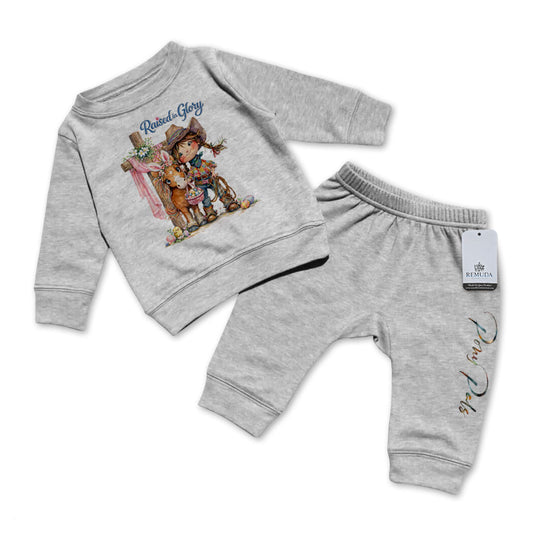 Pony Pals Raised On Glory Cowgirl Easter Infant Girls Western 2 Piece Sweatsuit in the color heather gray