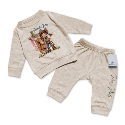 Pony Pals Raised On Glory Cowgirl Easter Infant Girls Western 2 Piece Sweatsuit in the color heather oatmeal