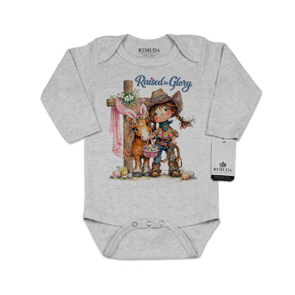 Pony Pals Raised On Glory Easter Cowgirl Girls Infant long sleeve Onesie Romper in the color Heather Gray