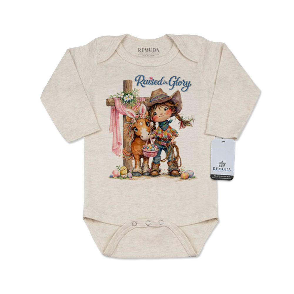Pony Pals Raised On Glory Easter Cowgirl Girls Infant long sleeve Onesie Romper in the color Oatmeal