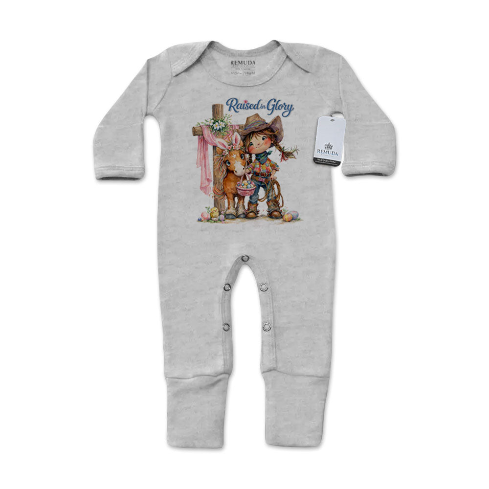 Pony Pals Raised On Glory Easter Infant Western Girls One-Piece Footed Pajamas with Mittens in the color heather gray