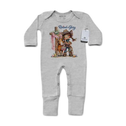 Pony Pals Raised On Glory Easter Infant Western Girls One-Piece Footed Pajamas with Mittens in the color heather gray