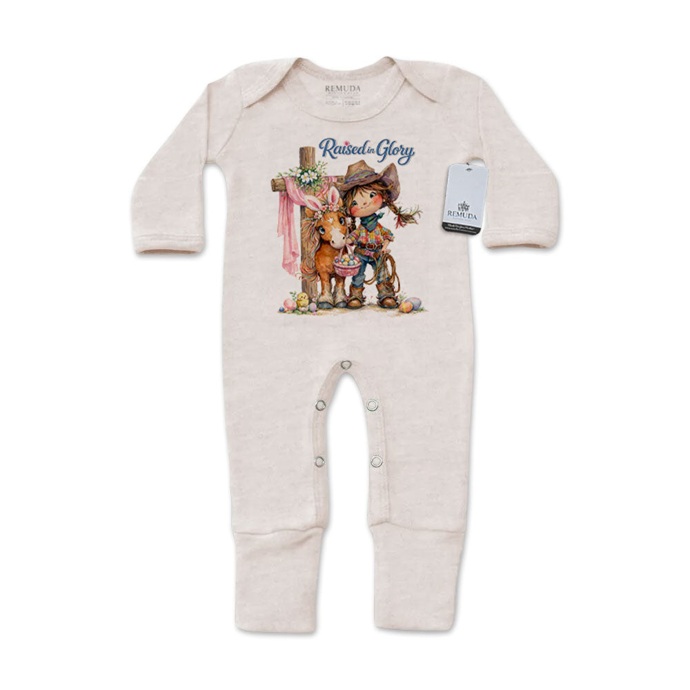 Pony Pals Raised On Glory Easter Infant Western Girls One-Piece Footed Pajamas with Mittens in the color heather oatmeal