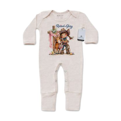 Pony Pals Raised On Glory Easter Infant Western Girls One-Piece Footed Pajamas with Mittens in the color heather oatmeal