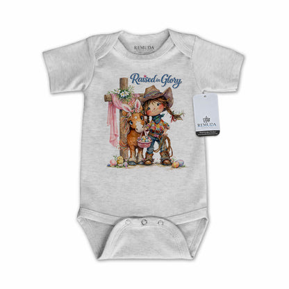 Pony Pals Raised On Glory Easter Cowgirl Girls Infant short sleeve Onesie Romper in the color Heather Gray