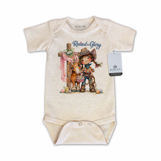 Pony Pals Raised On Glory Easter Cowgirl Girls Infant short sleeve Onesie Romper in the color Oatmeal