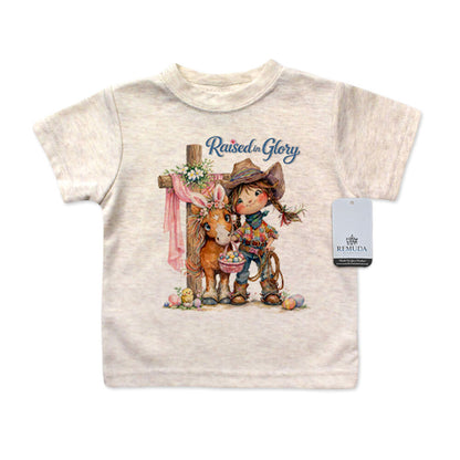 Pony Pals Raised On Glory Easter Infant Kids Girls Western Tee T-Shirt in the color heather oatmeal