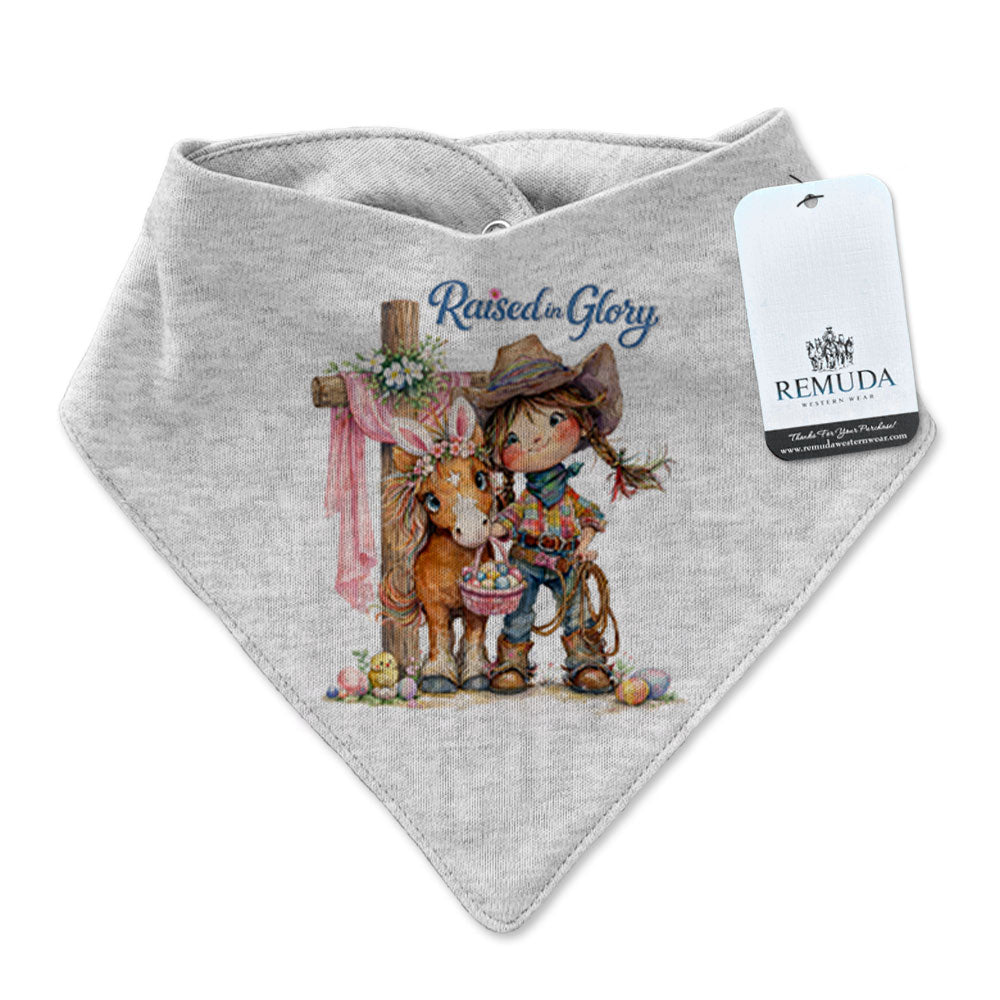 Pony Pals Easter Raised On Glory Cowgirl Infant / Toddler Western Girls Bandana Bib in the color Heather Gray