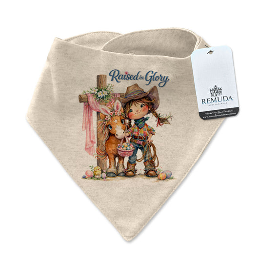 Pony Pals Easter Raised On Glory Cowgirl Infant / Toddler Western Girls Bandana Bib in the color Oatmeal