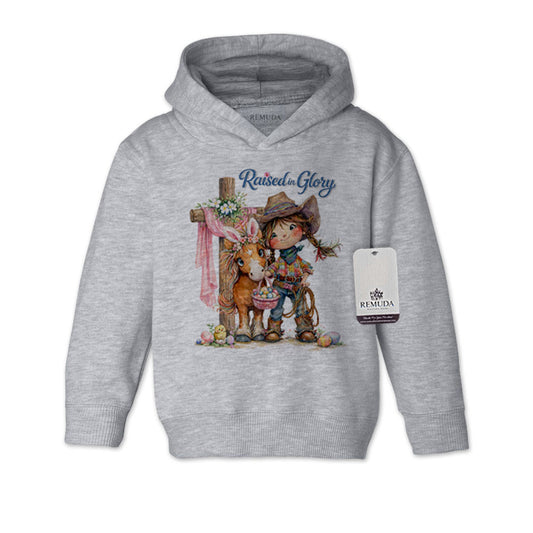 A Pony Pals Raised On Glory Easter Girls Toddler Western Hoodie in the color heather gray.