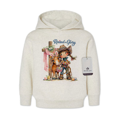 A Pony Pals Raised On Glory Easter Girls Toddler Western Hoodie in the color heather oatmeal.