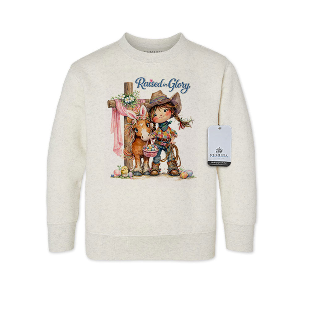 Pony Pals Raised On Glory Girls Easter Western Toddler Sweatshirt in the color heather oatmeal