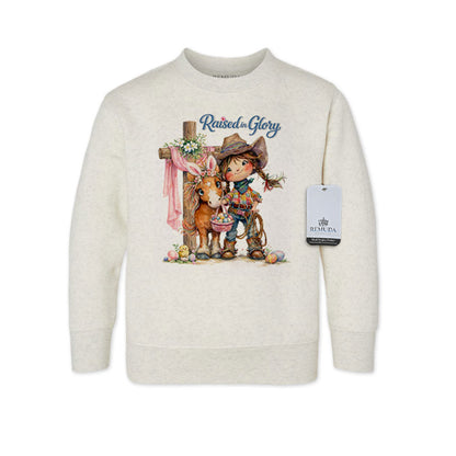 Pony Pals Raised On Glory Girls Easter Western Toddler Sweatshirt in the color heather oatmeal