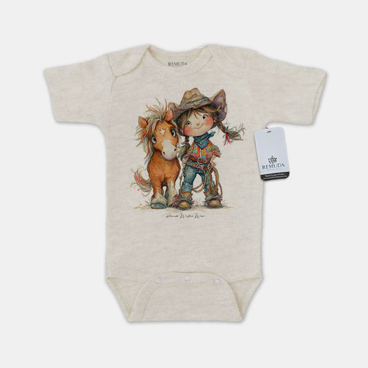 Pony Pals Cowgirl Short Sleeve Infant One Piece Western Romper Oatmeal