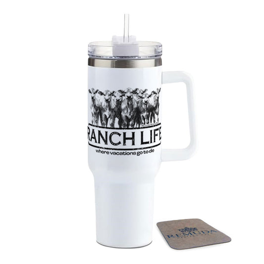 Ranch Life: Where Vacations Go To Die Insulated 40oz Western Tumbler w/ Handle