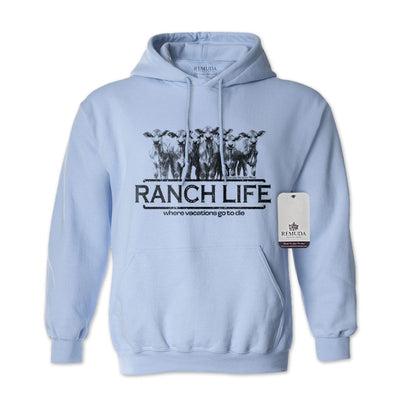 Ranch Life: Where Vacations Go To Die Adult Unisex Western Hoodie Light Blue