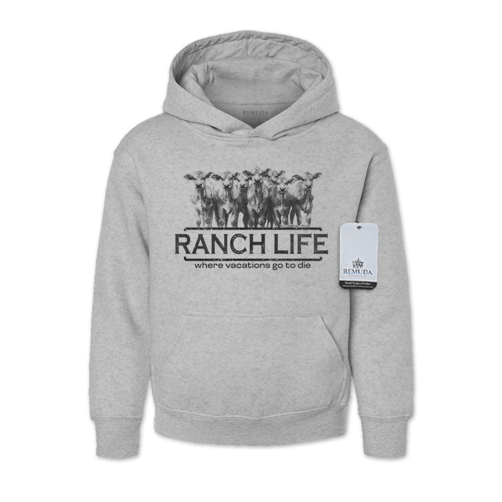 Ranch Life Where Vacations Go To Die Youth Western Pullover Hoodie Heather Gray