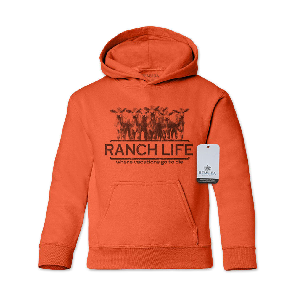 Ranch Life Where Vacations Go To Die Youth Western Pullover Hoodie Orange