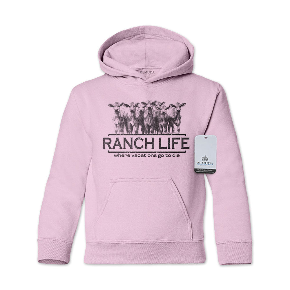 Ranch Life Where Vacations Go To Die Youth Western Pullover Hoodie Light Pink