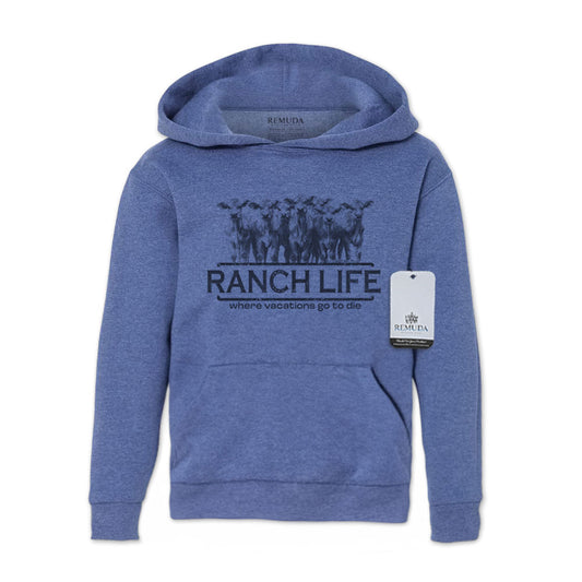 Ranch Life Where Vacations Go To Die Youth Western Pullover Hoodie Vintage Heather Blue