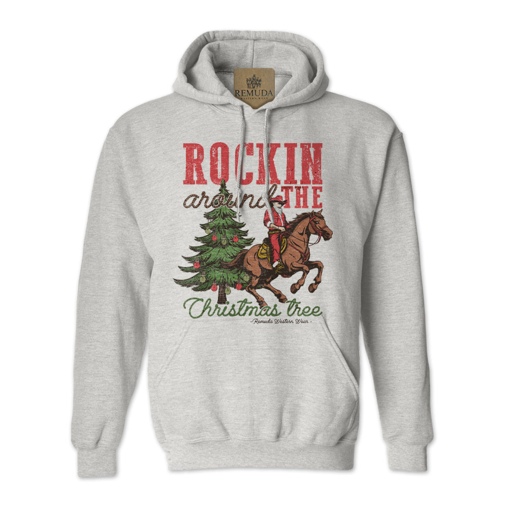 Rockin Around The Christmas Tree Adult Unisex Western Santa Pullover Hoodie in Ash Grey color.