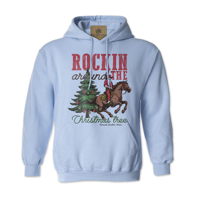 Rockin Around The Christmas Tree Adult Unisex Western Santa Pullover Hoodie in light blue color.