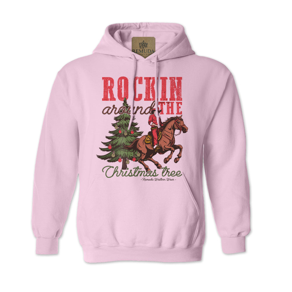 Rockin Around The Christmas Tree Adult Unisex Western Santa Pullover Hoodie in light pink color.