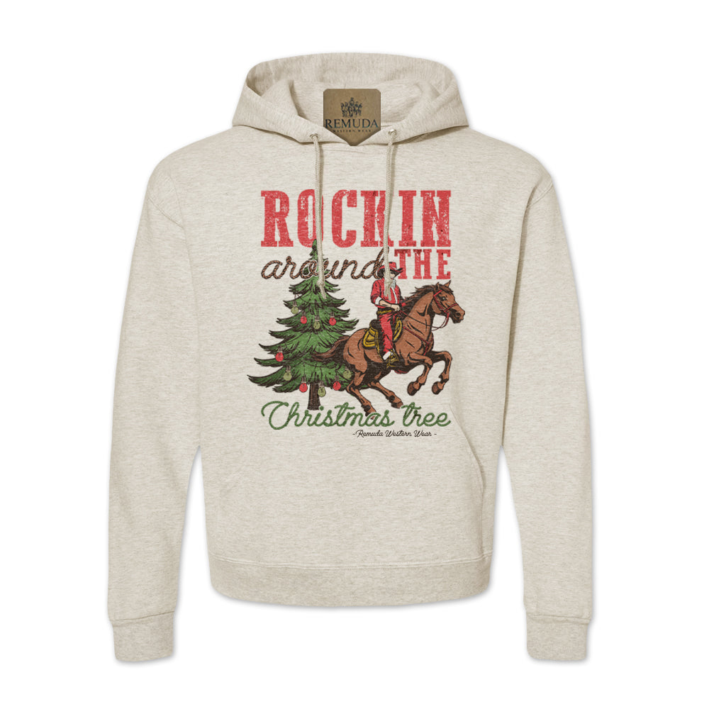 Rockin Around The Christmas Tree Adult Unisex Western Santa Pullover Hoodie in Oatmeal color.