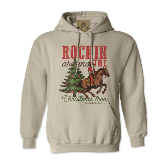 Rockin Around The Christmas Tree Adult Unisex Western Santa Pullover Hoodie in sand color.